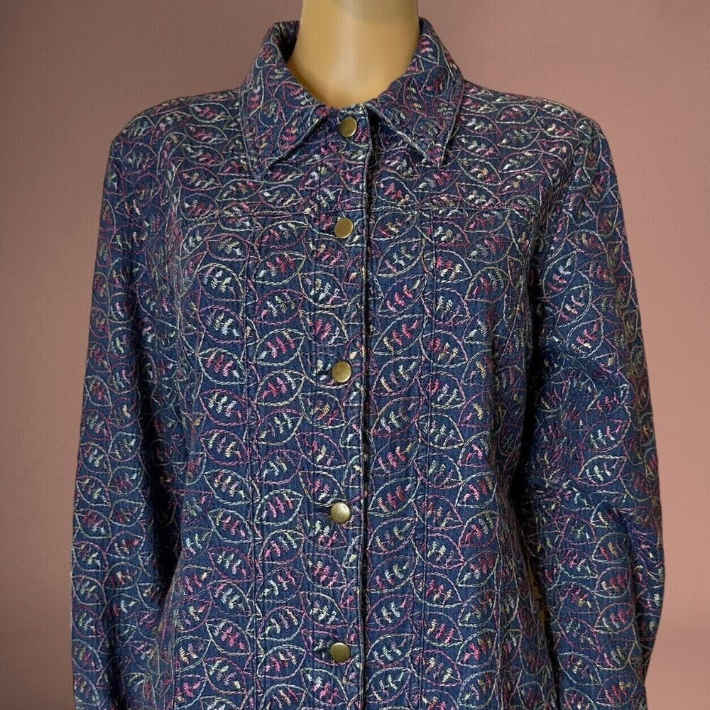 Leslie Fay Women Denim Jacket Blue Pink Medium M 100% Cotton Embroidered Flower
